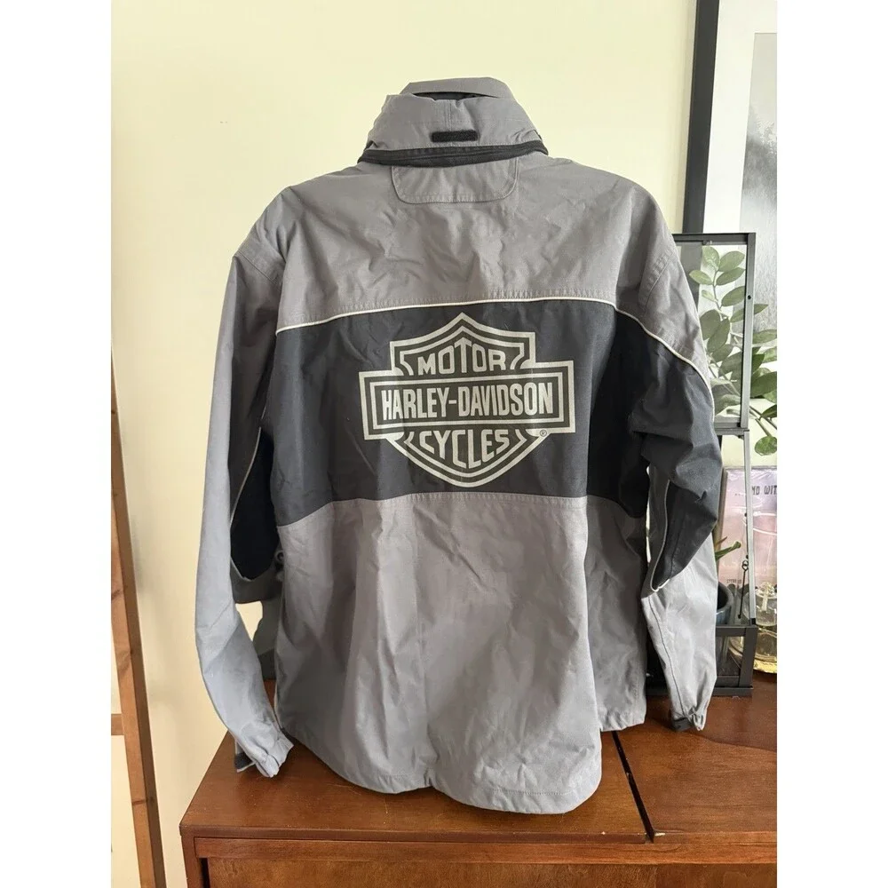 Harley Davidson Y2K Mens L Riding Jacket Gray Hooded Bar Shield 97059-07VX